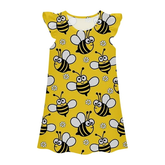 Tiweut Girls Dresses Kids Princess Gown Toddlers Fly Sleeve Round Neck Cute Bees Print Classic Fit Dress 3-4 Y