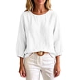 thumbnail image 4 of TGSLY Crew Neck Linen Tops for Women Lightweight Soft Solid Color Crinkle Blouses Relaxed Dressy 3/4 Balloon Sleeve Tshirts with Elastic Cuffs L, 4 of 6