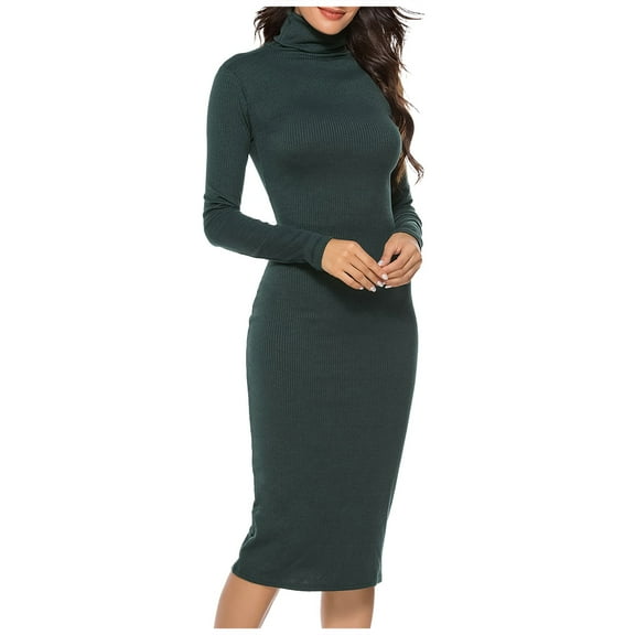 Womens Dress Turtleneck Ribbed Knit Long Sleeve Slim Fit Casual Fashion Party Outwear Sweater Dress
