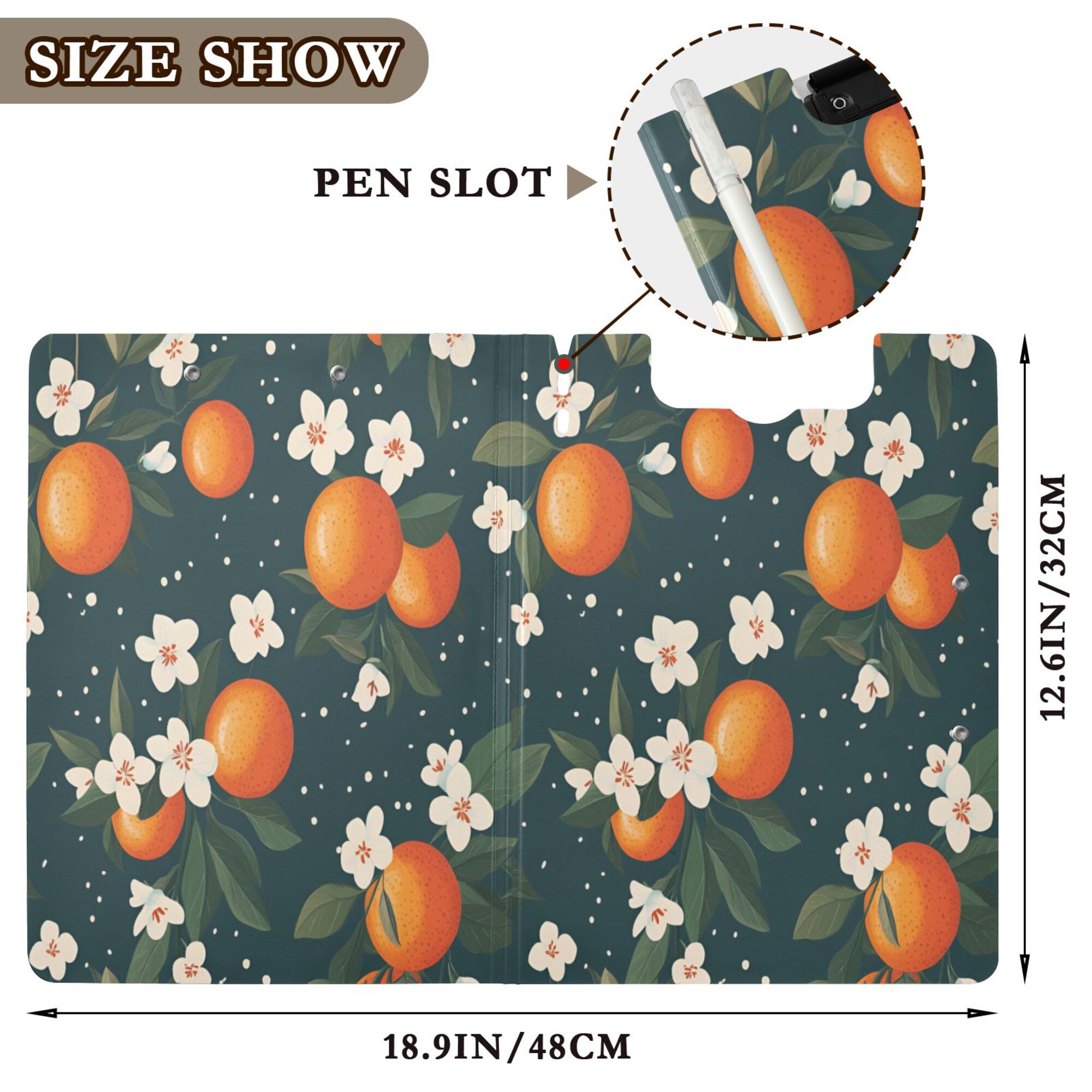 FORMRS A4 Clipboard Folder with Pen Holder Horizontal Foldable School Office Binder, Blue Floral Oranges