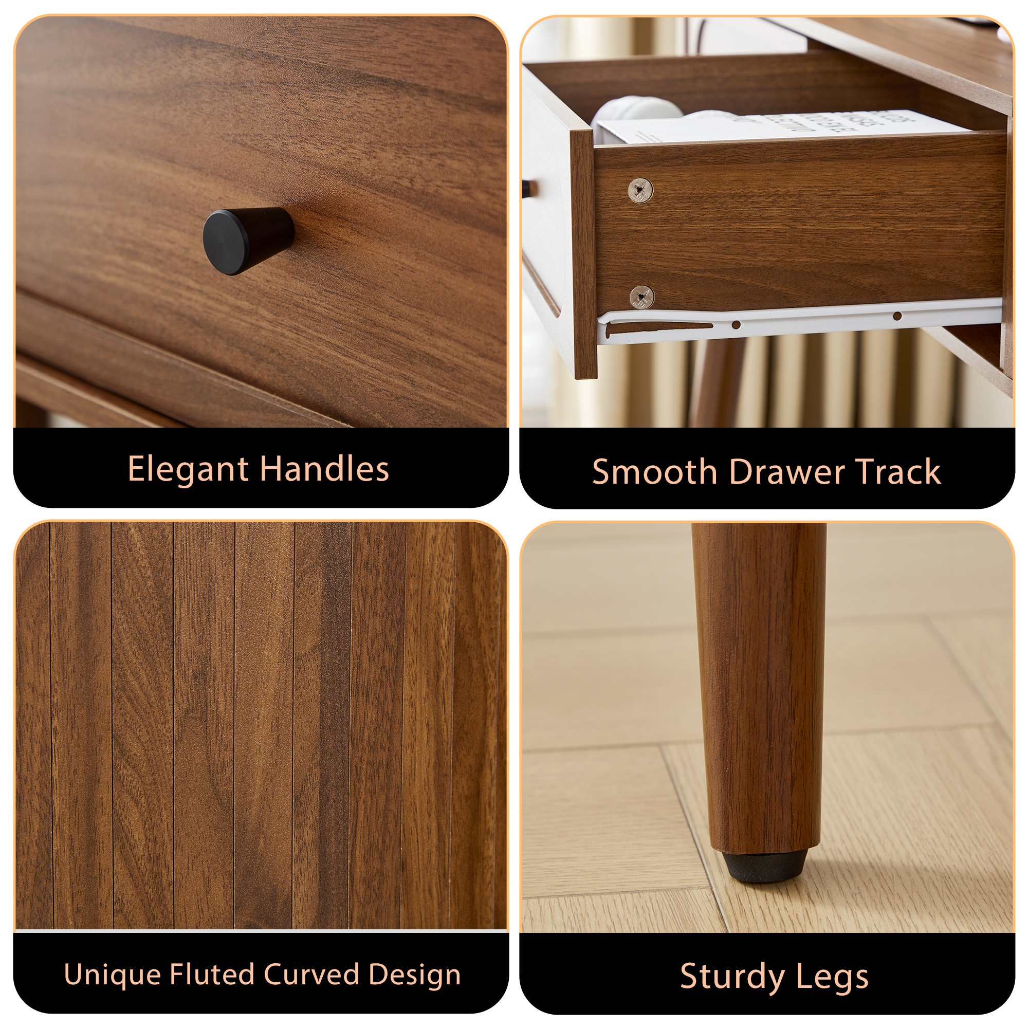 YOCWO Modern Home Office Desk with 2 Drawers and 2 Flip-top Storage, Oval Computer PC Desk Table, Vanity Desk with Fluted Curved Table Edge, Walnut