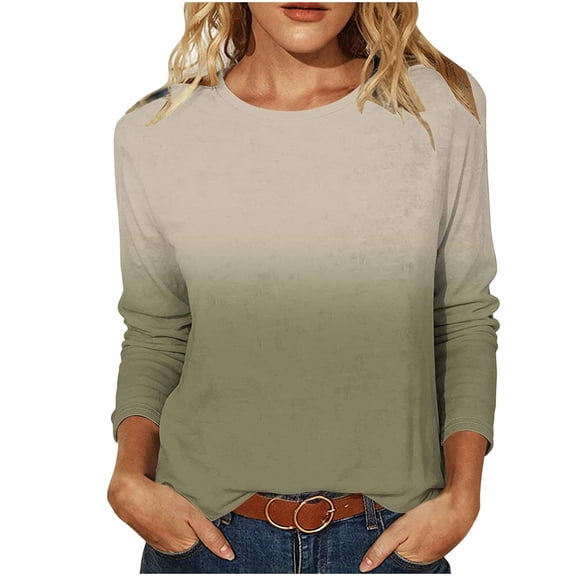 Staron Women Vintage Printed Sweaters Round Neck Long Sleeve Casual Soft Lightweight Fall Pullover Tops Army Green L