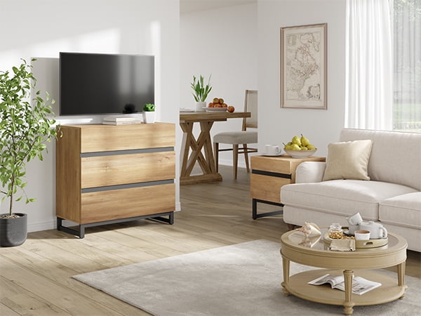 WAMPAT Modern TV Stand Fits up to 40" TV, Entertainment Center with 3 Drawers and Sturdy Metal Base, Media Console for Living Room & Bedroom, Oak