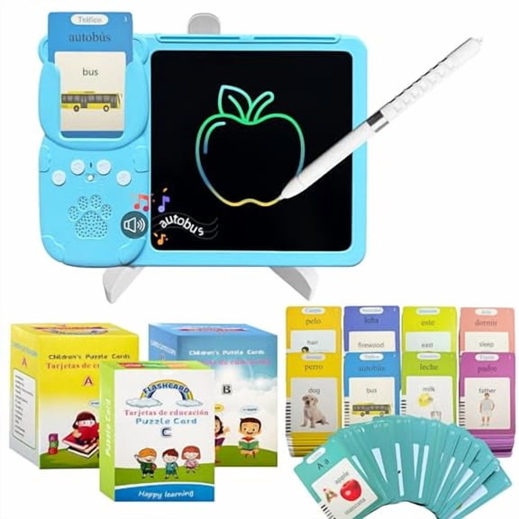 Spanish&English Talking Flash Cards for Toddlers - LCD Writing Tablet Kids - Drawing Tablet Toddler Toys 510 Sight Words Learning Montessori - Autism & Speech Therapy Toys - Kindergarten Gifts (Blue)