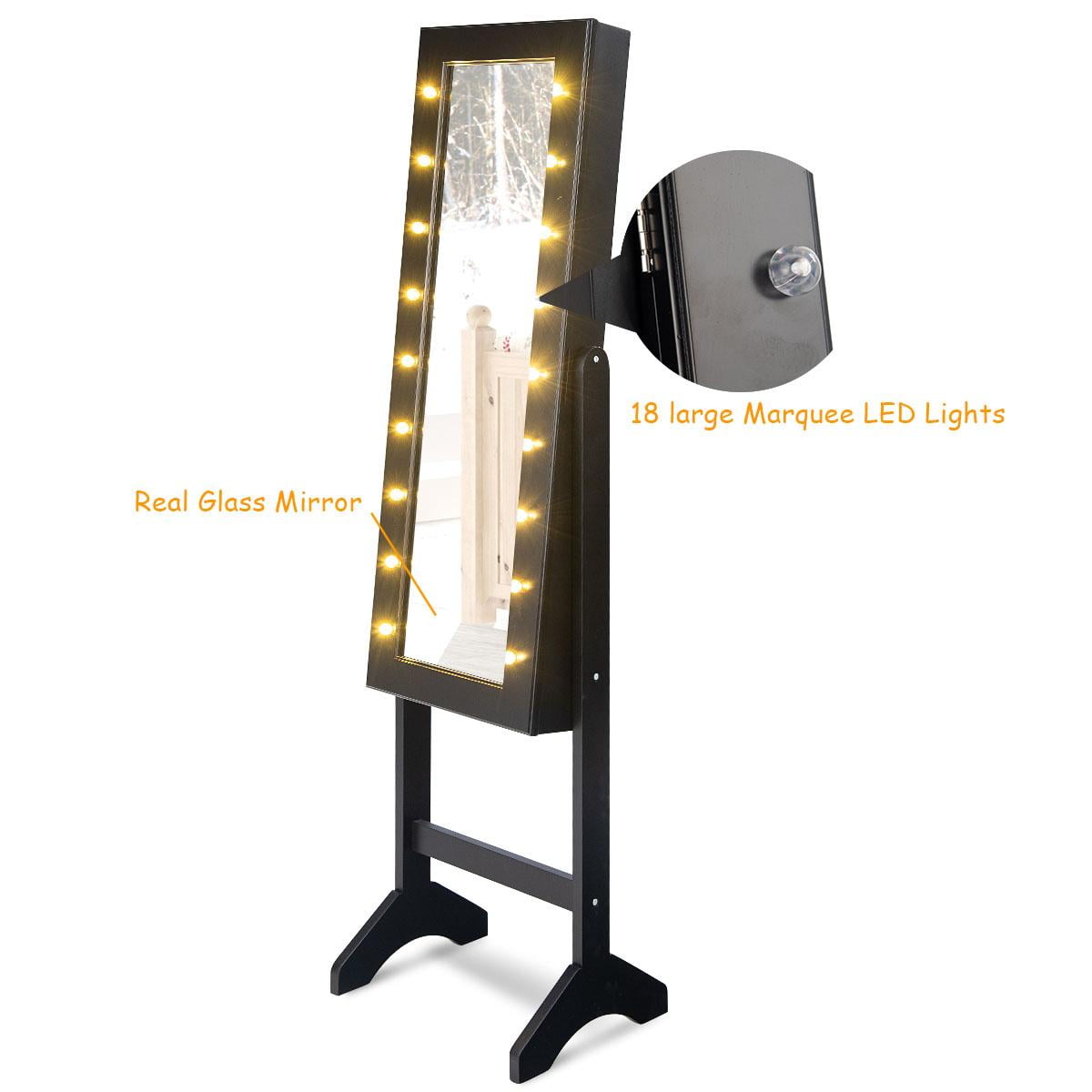 Giantex Jewelry Cabinet Box Armoire Organizer with 18 LED, Standing for Home Bedroom 16 Lipstick Holder 1 Inside Makeup Mirror Full Lights, Large Storage Mirrored Cabinets Jewelry Armoires (Black)