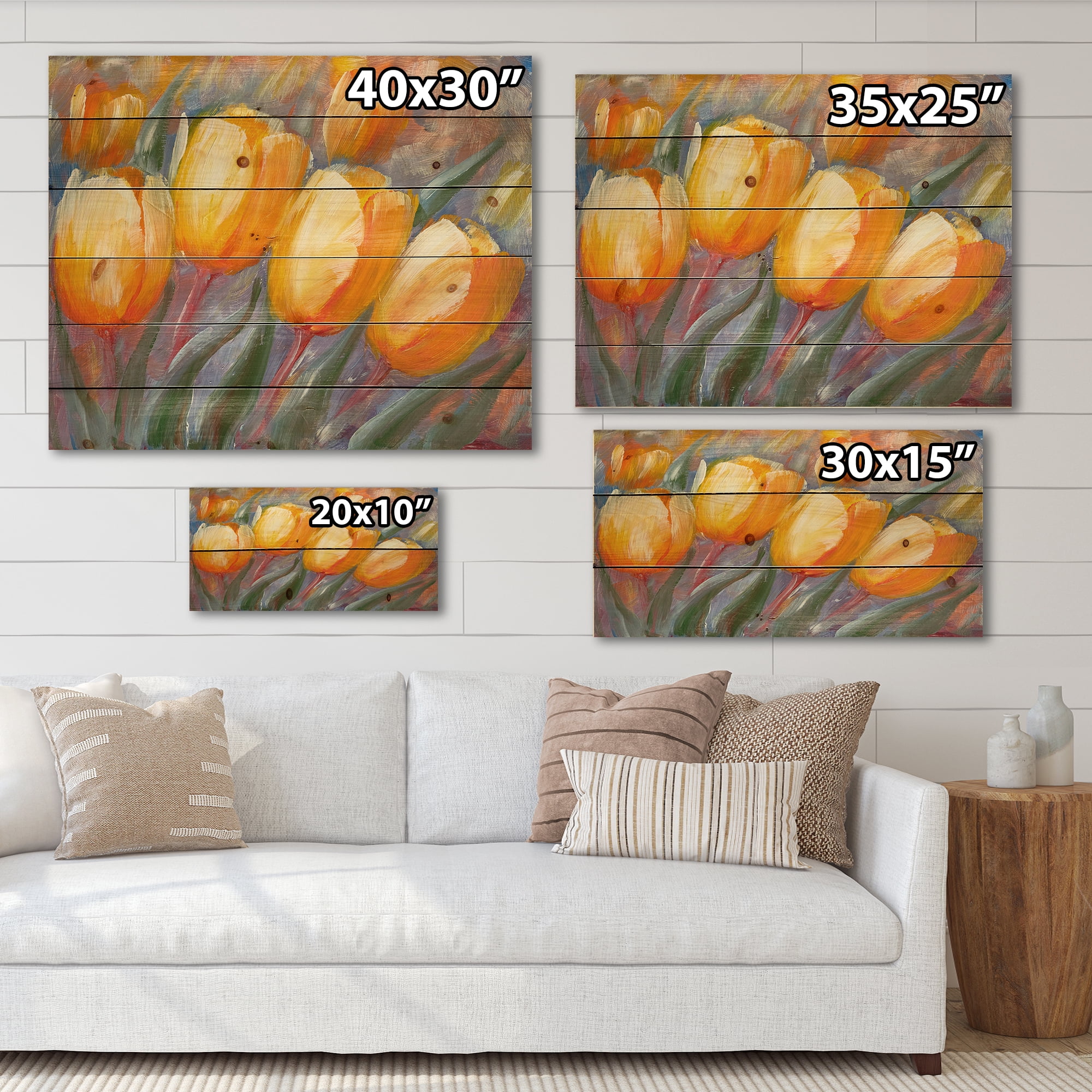 Designart 'Abstract Yellow Blooming Tulips' Traditional Print on Natural Pine Wood