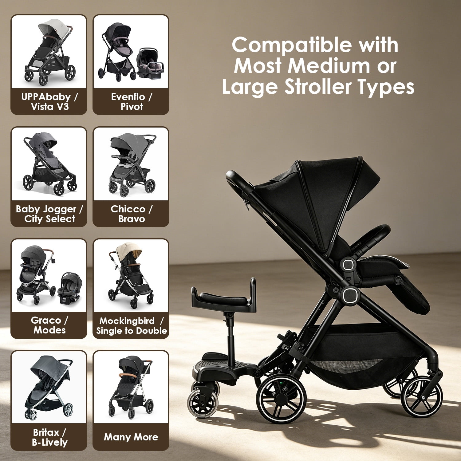 Beberoad Love Universal Stroller Board with Detachable Seat Stroller Ride Board Standing Platform Stroller Glider Board Fits Most of Strollers & Buggies - Rider Holds Children Up to 45lbs