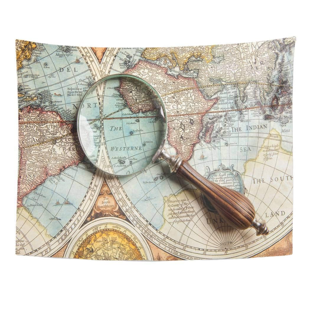 POGLIP Explore Magnifying Glass and Ancient Old Map Globe Magnify World Travel Wall Art Hanging Tapestry Home Decor for Living Room Bedroom Dorm 60x80
