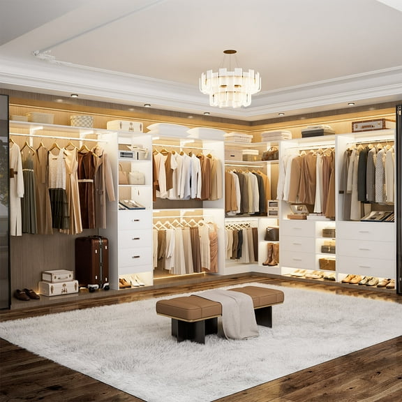 Homieasy Closet system with 9 wooden drawers, 7 hanging rods and corner tower, corner closet system with hanging, 127.5" L-shaped walk-in wardrobe organizer, 2000  lbs capacity, set of 4, White