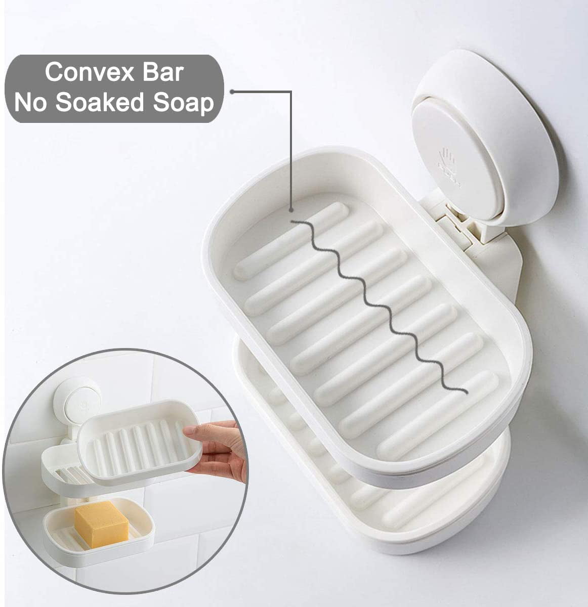 VELMADE Heavy Duty Soap Dish, No-Drilling Reusable Shampoo Bar Soap Holder, Wall Mounted Suction Cup Soap Saver Dish Holder for Shower Bathroom, Tub