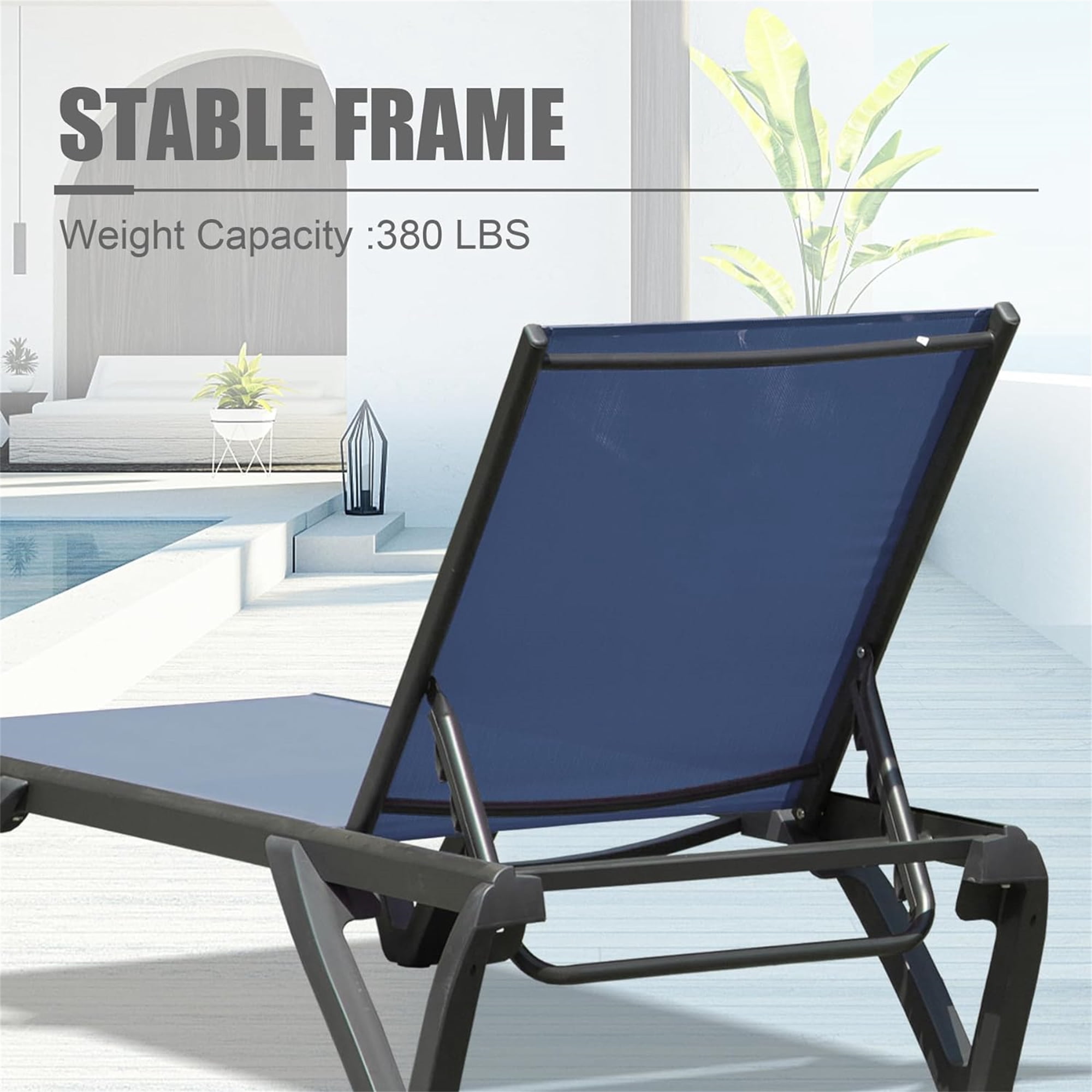 Outdoor Chaise Lounge Chair, 2 Pcs Aluminum Plastic 5 Position Adjustable Backrest Patio Recliner for Poolside Garden Yard, Navy Blue