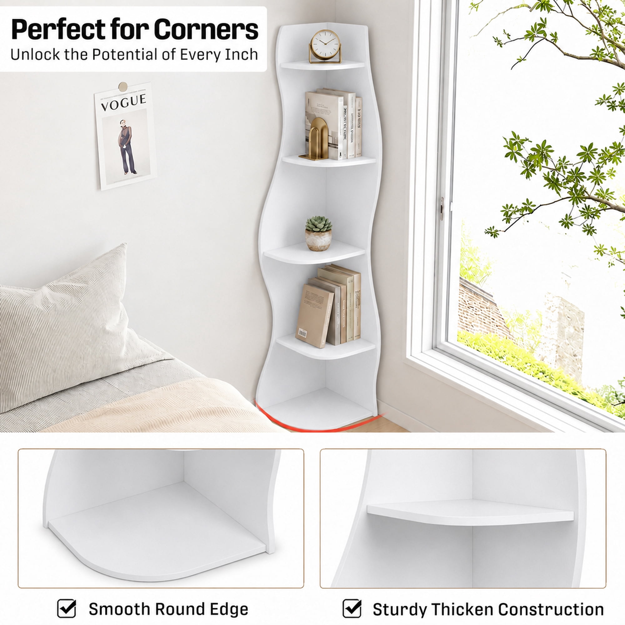 Leumius 5-Tier Bookshelf,Freestanding S-Shaped Corner Shelf Curved Display Rack,Space-Saving Corner Display Bookshelf/Plant Stand for Living Room Home Office,White