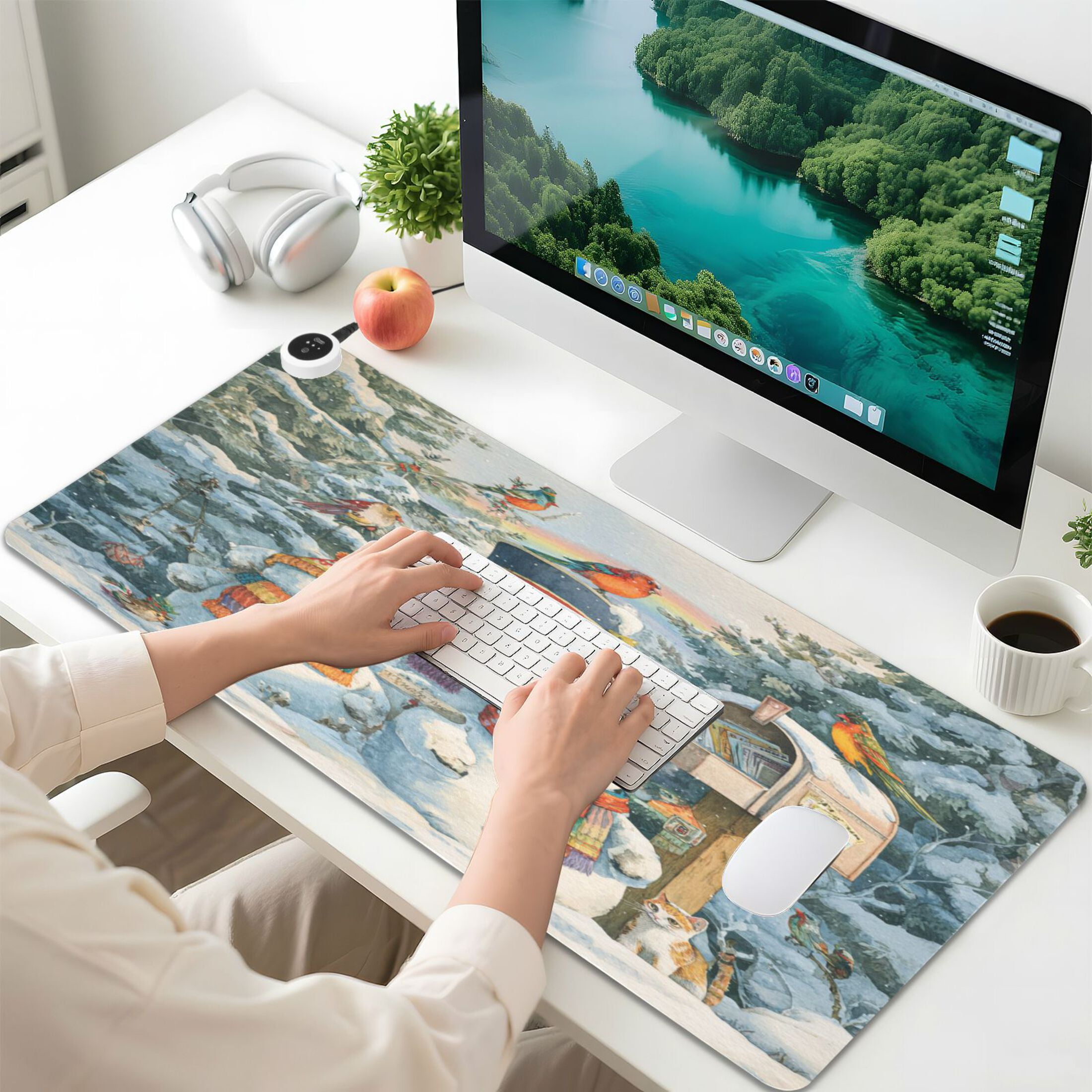 Wobogo Snowman Family Heated Mouse Pad Extra-Large Desk Mat With 3 Heating Levels and 3-hour Auto Shut-Off Protection Ideal for Computer Keyboards Home Office Hand-warming Essential 31.5in × 13in