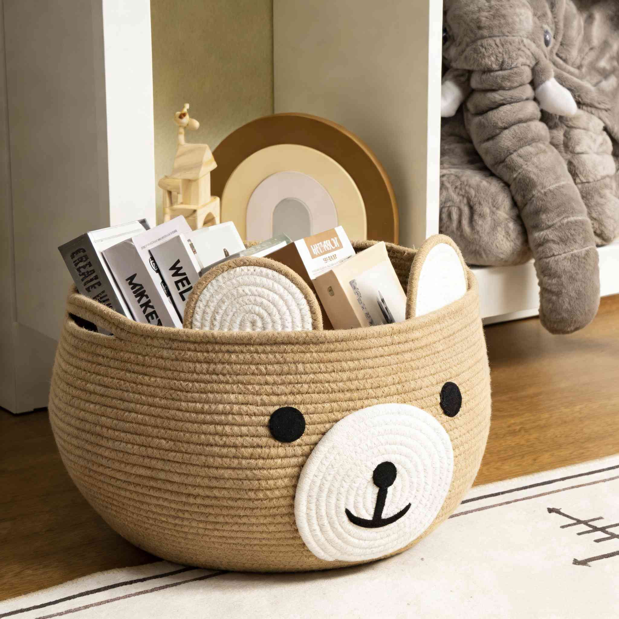 Timeyard Cotton Rope Baby Basket, Animal Basket for Toy Clothes, Cute Bear Design for Storage, Empty Gift Baskets for Kids -Brown,15.7"D x 10.5"H