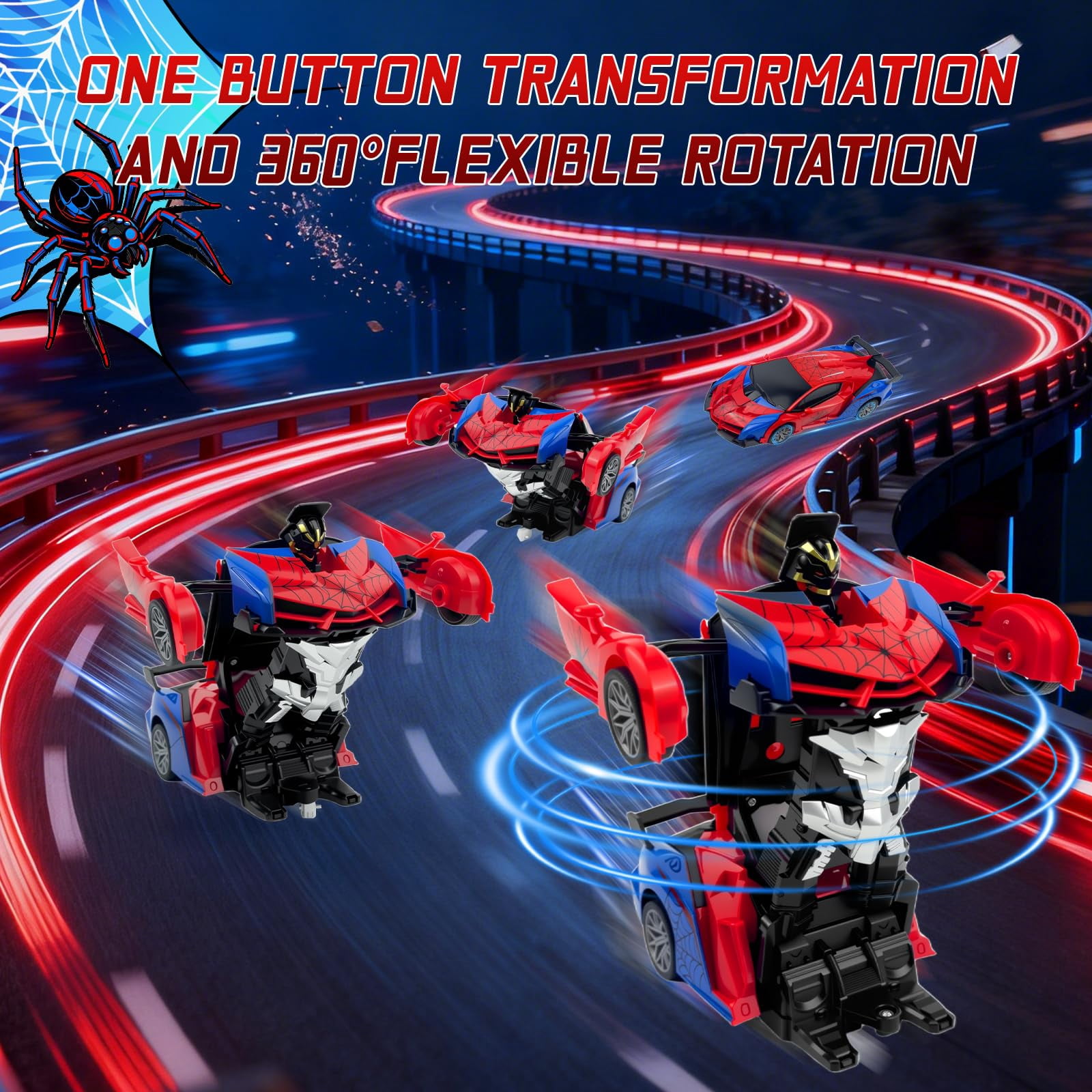 Spider Remote Controls Car, 1:18 Scale Transformer Robot Toy with 2.4GHz One-Button Deformation and 360° Rotation, RC Vehicle Gift for Boys Ages 3-12