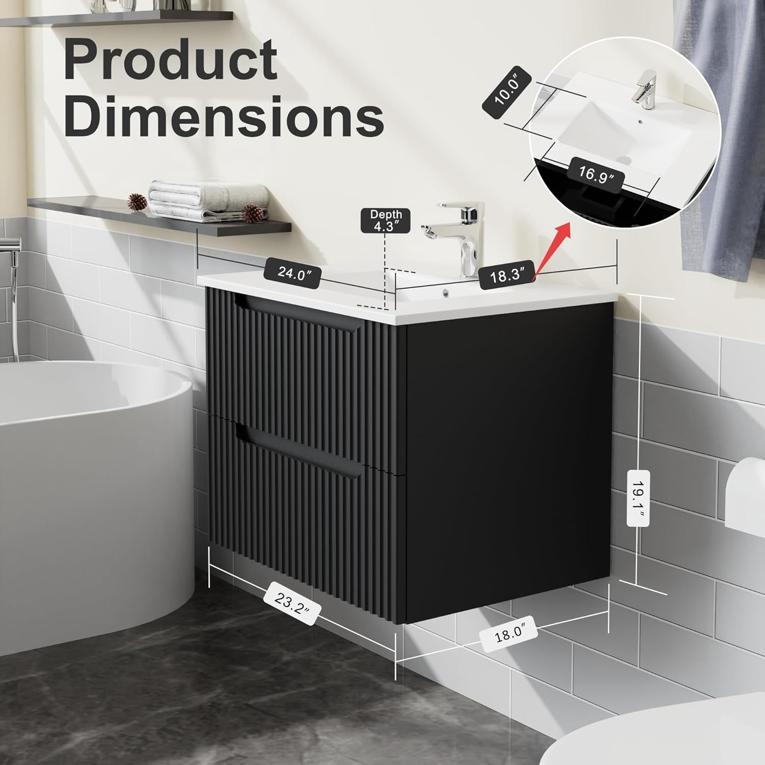 Goodyo 24" Wall Mounted Bathroom Vanity with Sink Floating Bathroom Cabinet Sink Combo, Soft-Close System, 2 Extra Big Drawers, Black