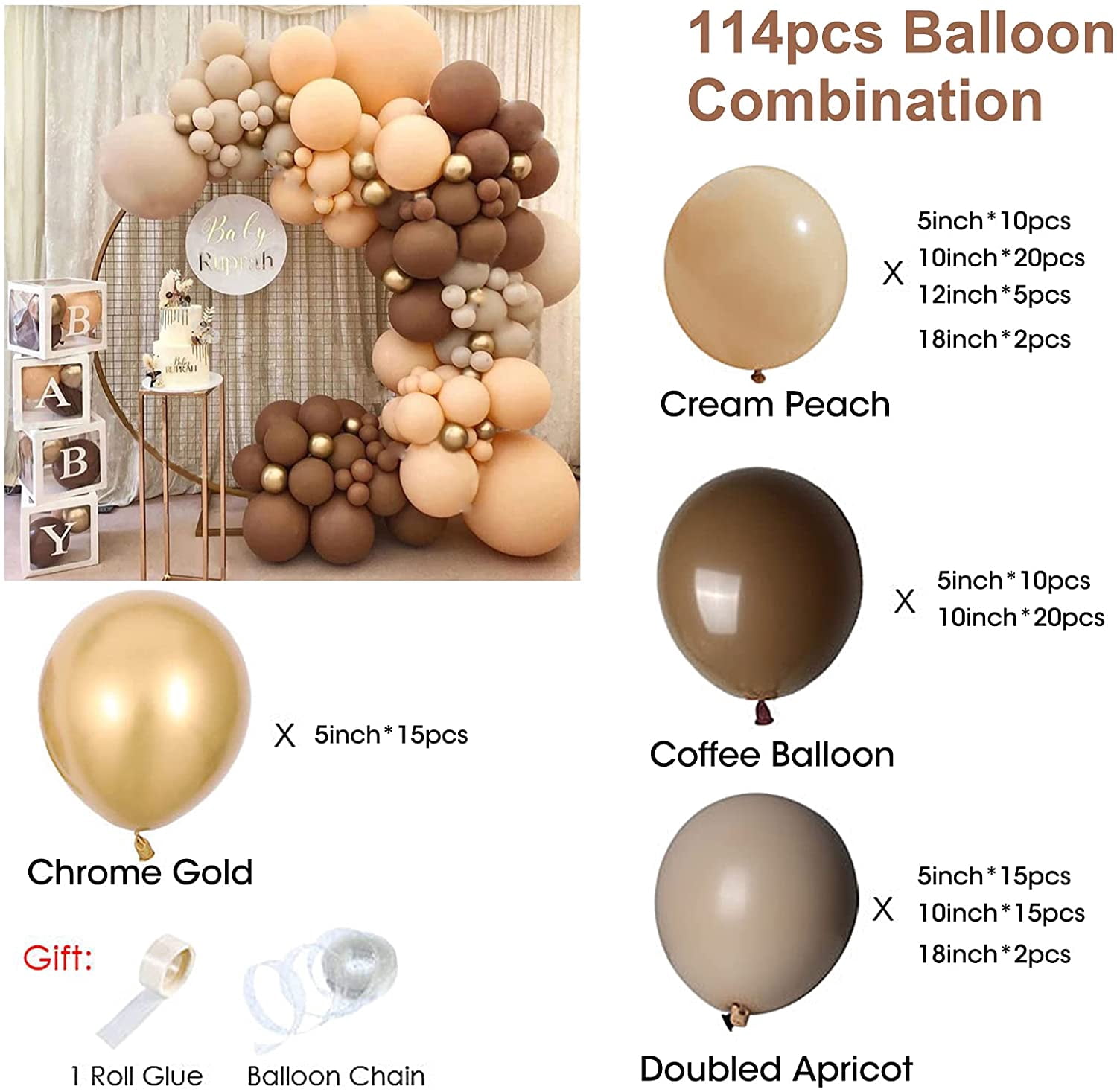 Party Balloons, Garland Arch Kit 16Ft, Macaron Latex Balloons Leaves for Baby Shower, Wedding, Birthday or Any Party Decorations (114pcs Coffee Brown Set)