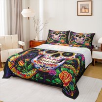 Homewish Floral Skull Full Size Sheets 4-Piece for Teens Boys Girls,Gothic Style Breathable Bed Sheets,Bohemian Theme Lightweight Sheet Sets,Breathable Home Decor