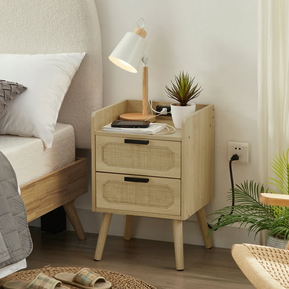 Pouseayar Rattan Nightstand with Socket Side Table Natural,Golden