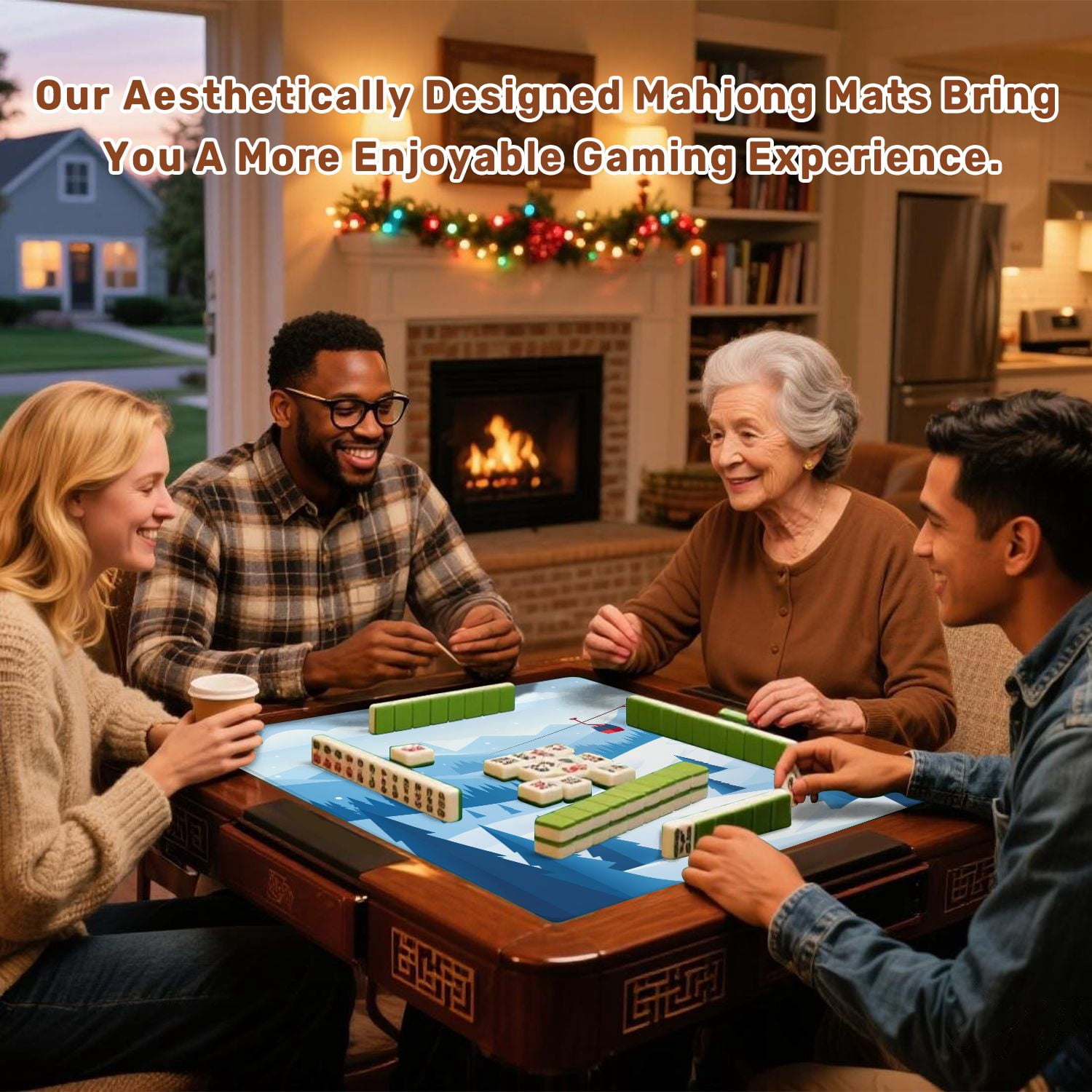 Mahjong Mat 31.5" x 31.5" Winter mountain landscape Non-Slip Noise Reduction American Mahjong Tiles Table Cover for Dominoes Poker Card Board Games Gift