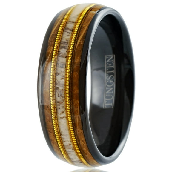 Men's Wedding Band Rings - Black Deer Antler Whiskey Barrel Guitar String - Wedding Rings for Men and Women