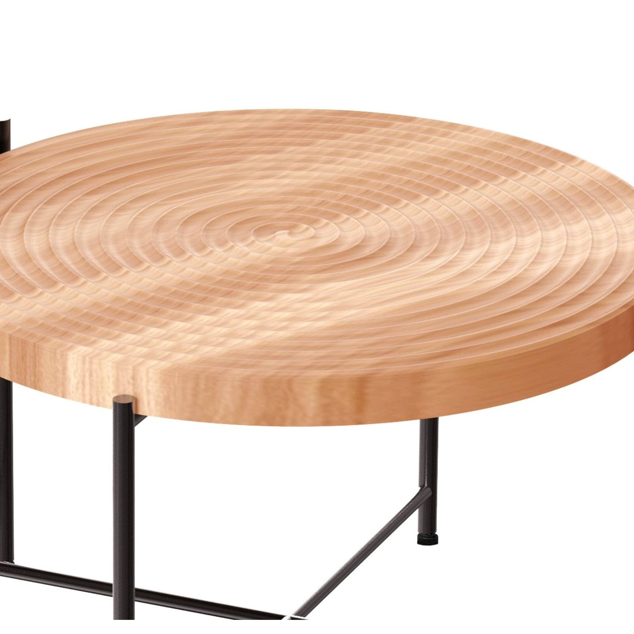 GDF Studio 2-Piece Coffee and End Table Set with Radial Ring Pattern Tabletops, Black Metal Legs, Brown