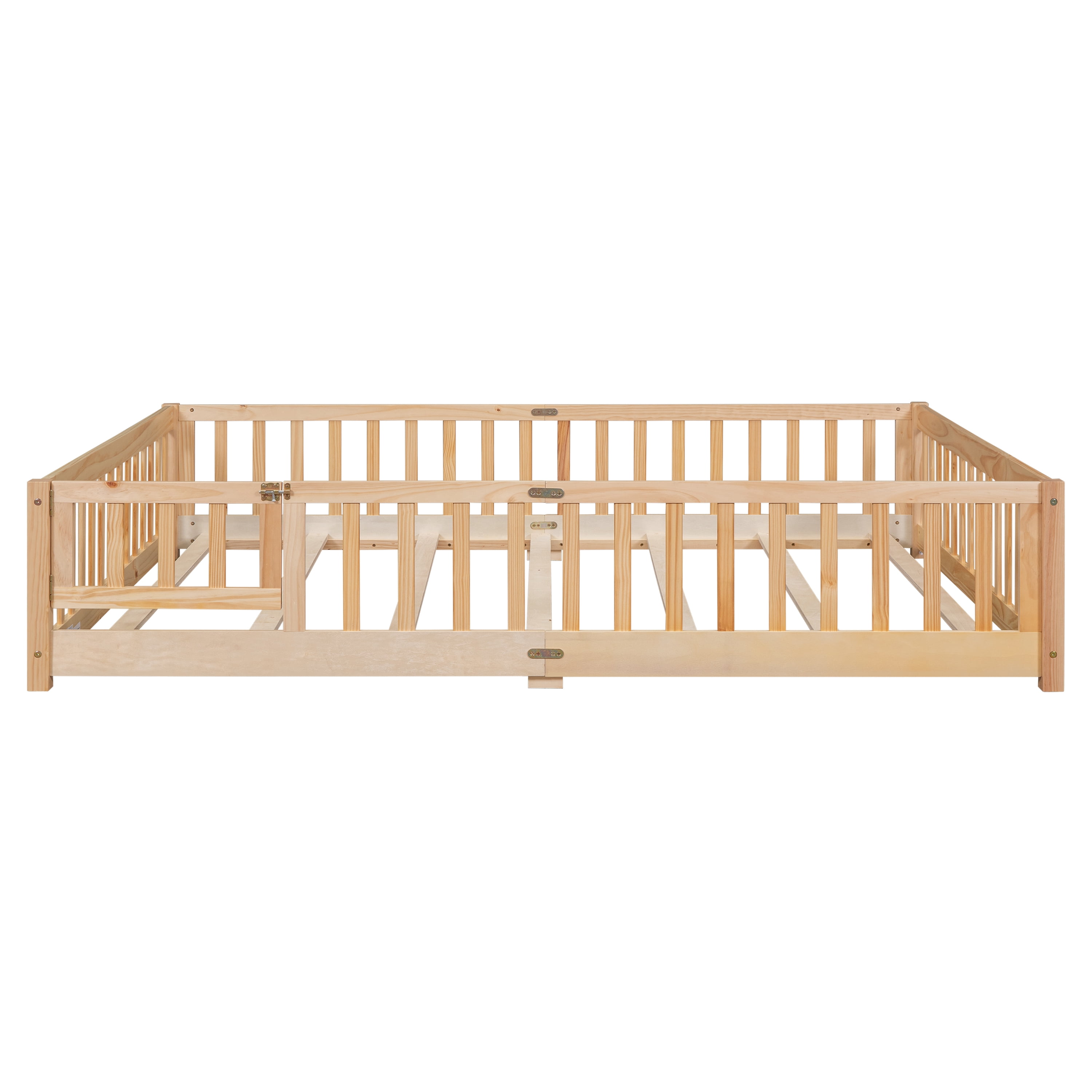 Miniyam Wood Queen Size Floor Bed with Safety Guardrails for Toddler, Natural