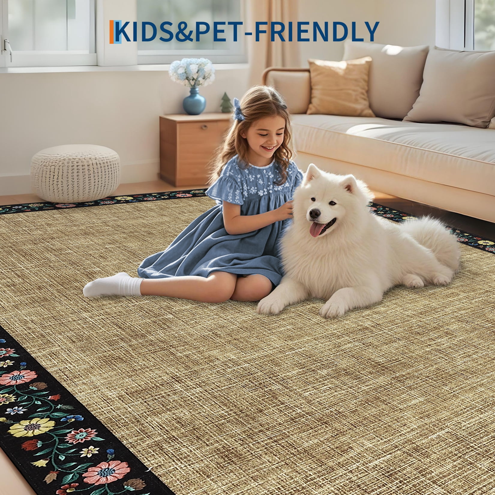 Washable Area Rug 8x10 – Farmhouse Floral Non-Slip Carpet for Living Room, Low Pile Indoor Mat with TPR Backing, Foldable Rug for Home Office, Yellow