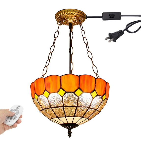 Kiven 11.8in Plug-in Flush Mount Ceiling Light Fixture, 3-Light Anti Glare Close to Ceiling Light with 15FT Cord, Tiffany-Style Glass Chandelier Dimmable for Bedroom Kitchen Hallway(No.3226-O)