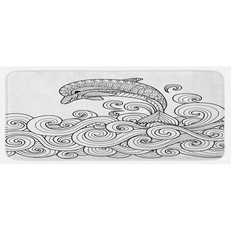 

Dolphin Kitchen Mat Black and White Zentangle Nautical Image Waves and Animal Jumping out of Water Plush Decorative Kitchen Mat with Non Slip Backing 47 X 19 Black White by Ambesonne