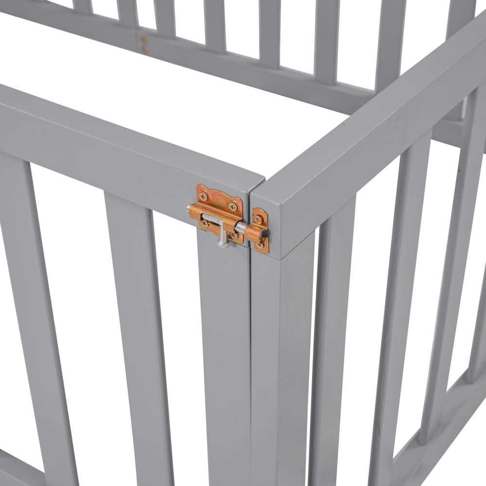 Twin Size Floor Bed Frame for Kids, Solid Wood Montessori Bed Frame with Fence Rail and Door, Montessori Floor Bed Wood Full Bed Frame for Boys and Girls, Gray