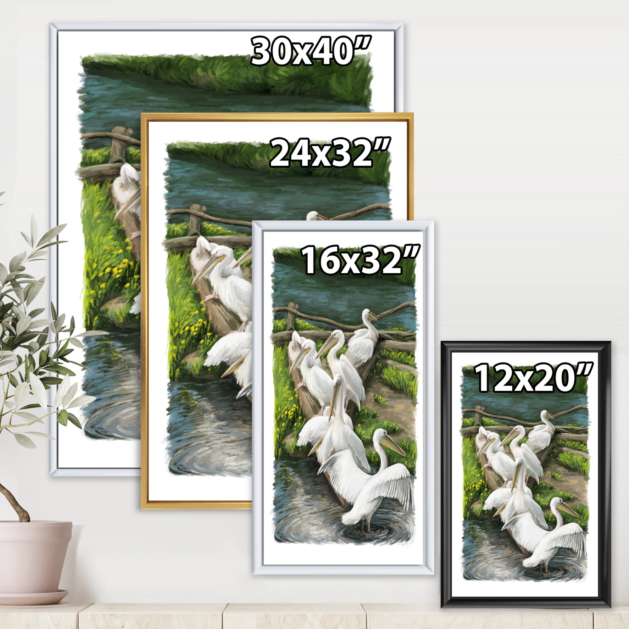 Pelicans Resting Near The river Water 20 in x 12 in Framed Painting Canvas Art Print, by Designart