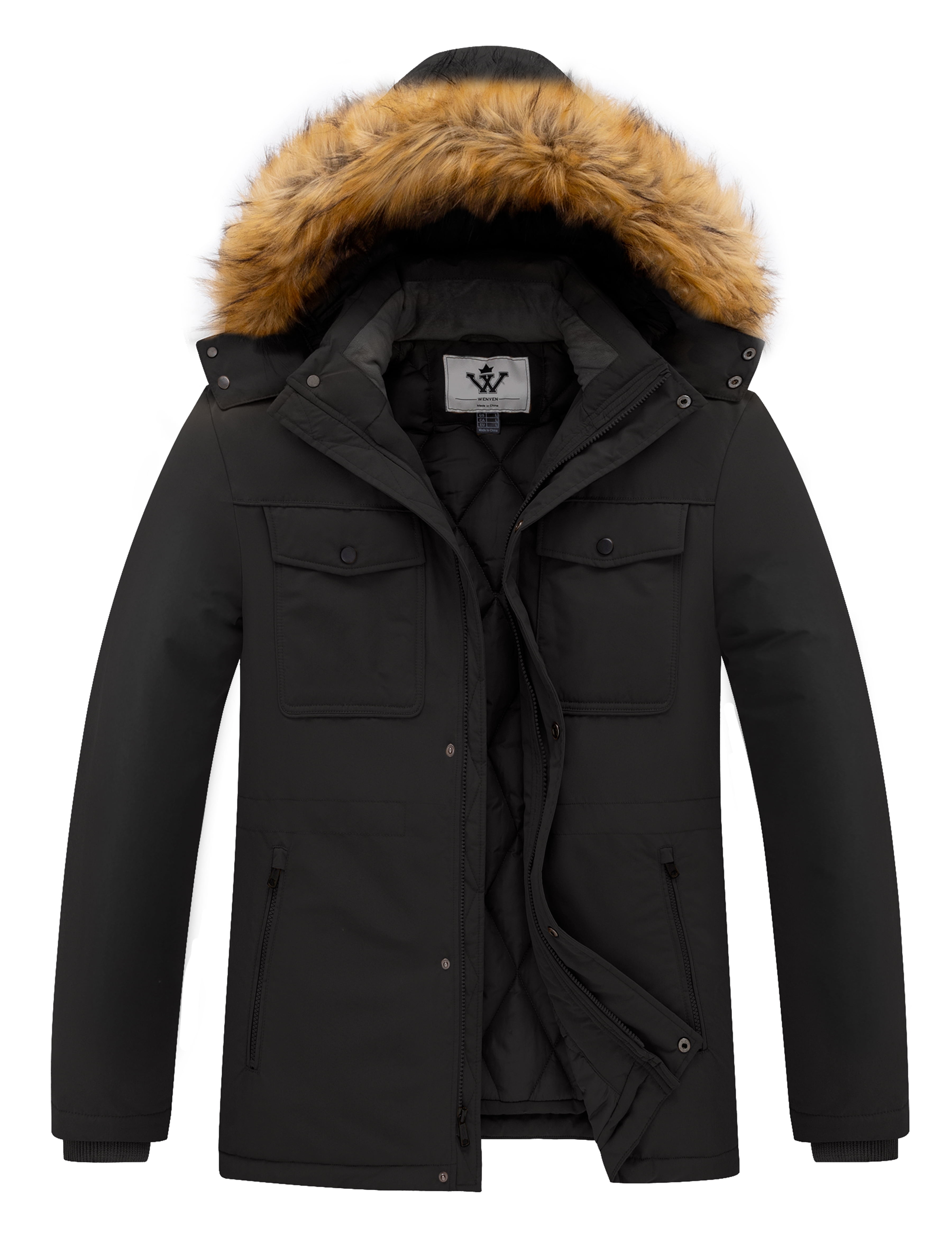 WenVen Men's Winter Parka Jacket, Black