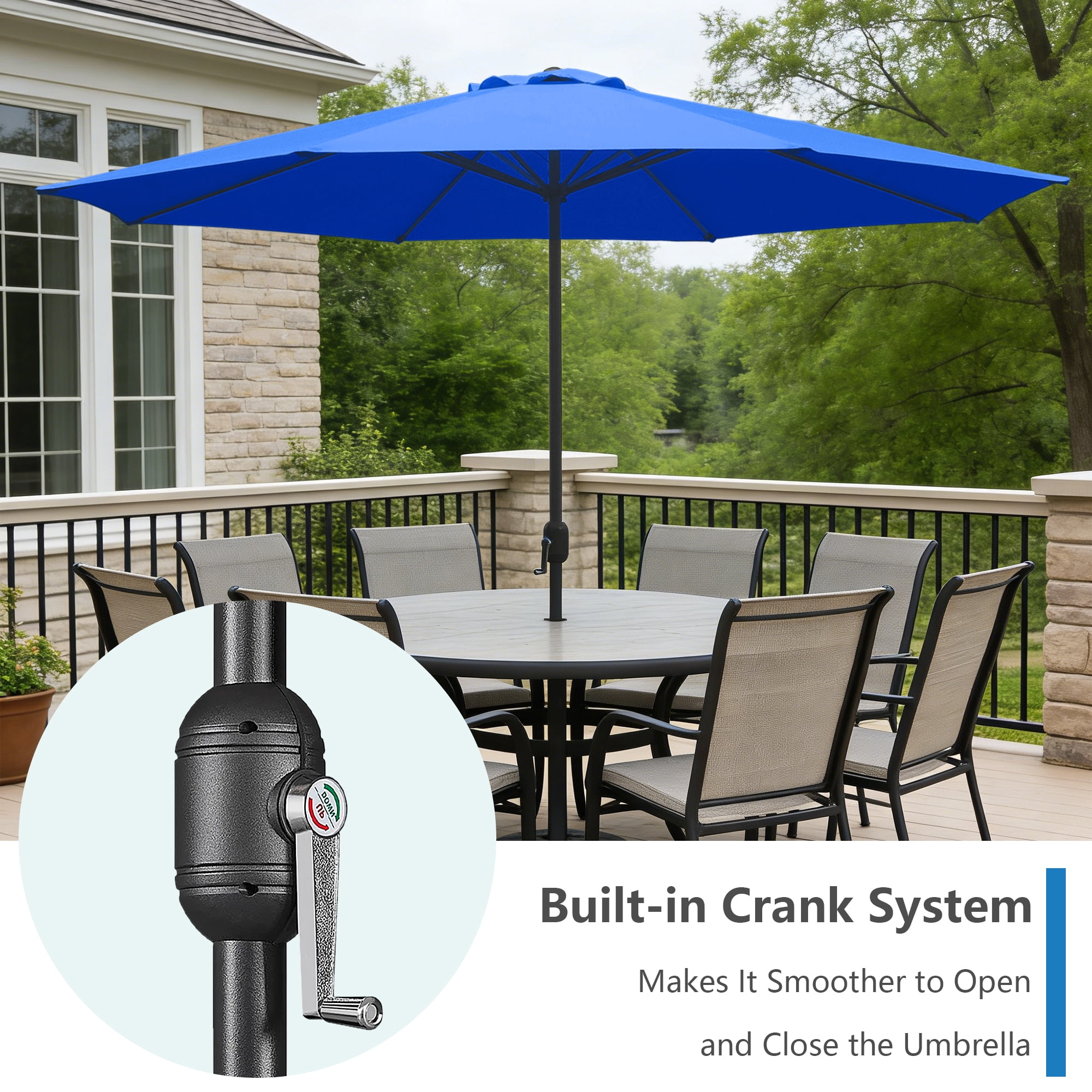 Abble 11FT Outdoor Patio Umbrella with Crank Handle, Market Umbrella with 8 Sturdy Umbrella Ribs, Waterproof for Garden Deck Backyard Pool,  Royal Blue