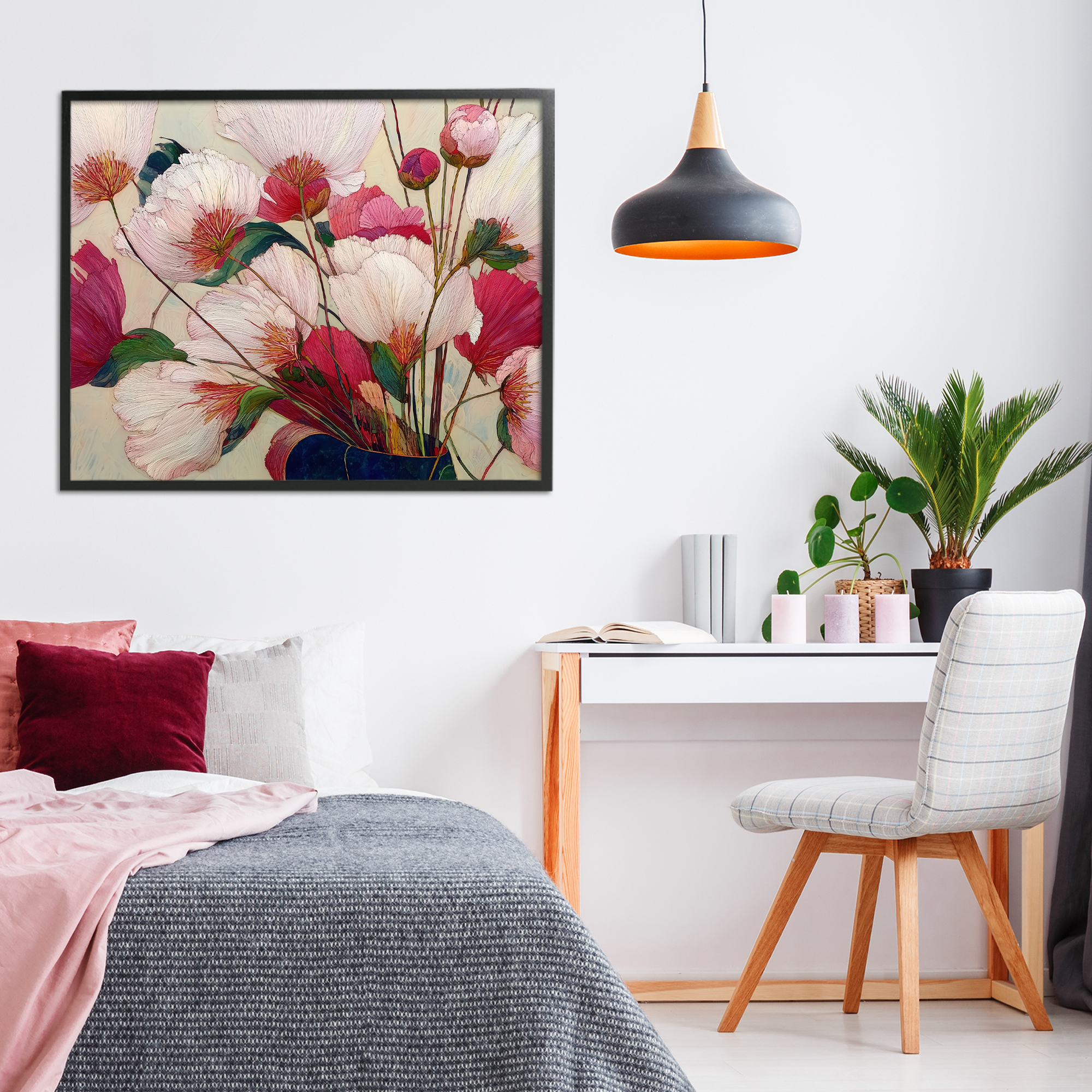 Lush Haiku Pink & White Flowers Black Framed Giclee Art, design by Annabelle Hall
