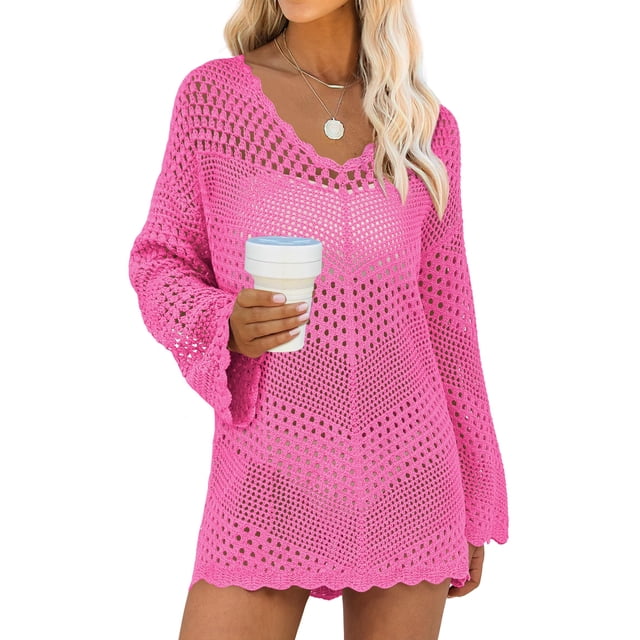 Traje de baño ANRABESS, cuello en V, cuello en V, tejido de malla, rosa intenso