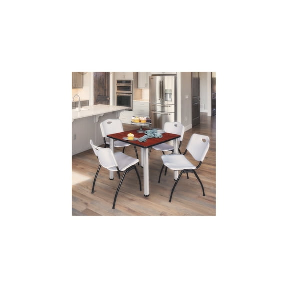 HomeStock Vintage Vogue 30" Square Breakroom Table, Cherry/Chrome - Includes 4 'M' Stack Chairs, 30" x 30" x 29", Grey, Chair Modern, Table Chair set