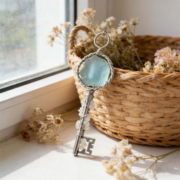 Uuiauoio Sea Glass Key Ornament “Home Sweet Home”, Vintage-Style Skeleton Key Decor, Handmade Sea Glass Home Ornament, Coastal Housewarming Gift, Ocean-Themed Wire Wrapped Key Decoration (1pc)