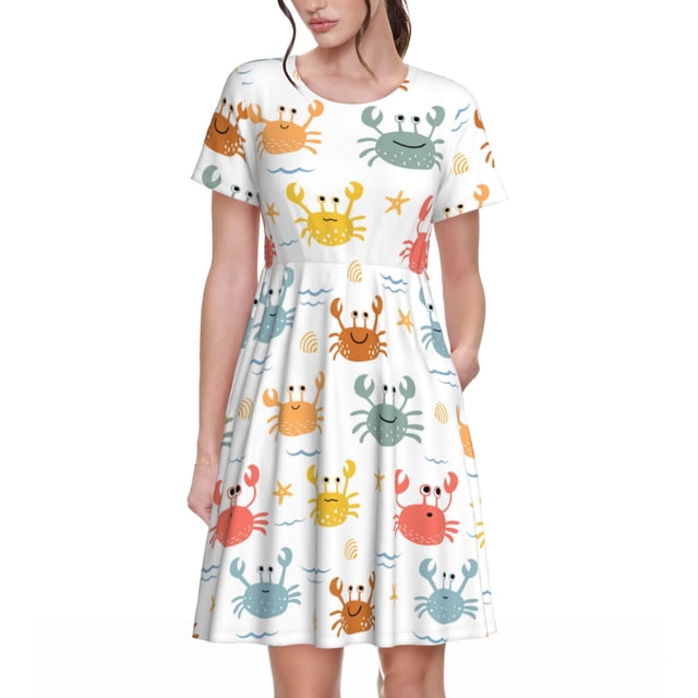 Balery Colorful Crabs Vestidos sueltos de manga corta para mujer, vestidos de verano 2025, vestidos casuales de corte A con vuelo.