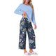 thumbnail image 4 of Conjunto de lounge para mujeres INSPIRE CHIC, camiseta de manga larga con capri floral, sets de pijama suaves y elásticos, ropa de casa de 2 piezas, XL azul profundo, 4 of 6