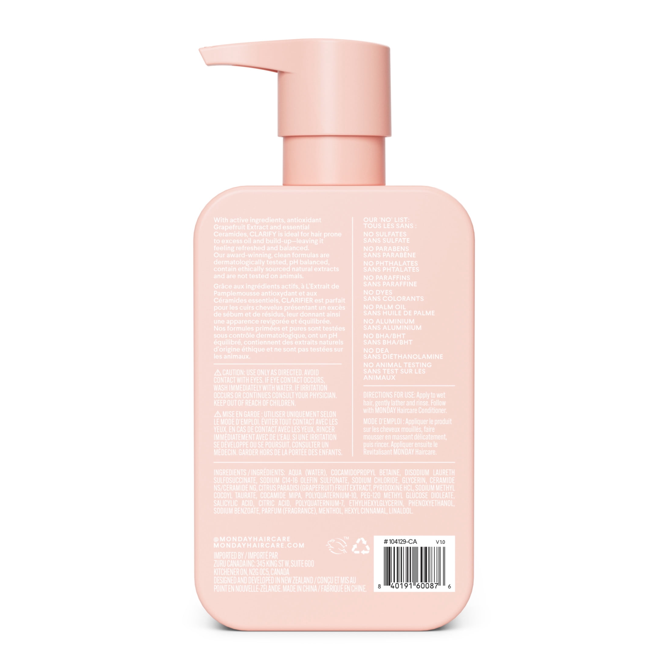 MONDAY Haircare Shampooing CLARIFY à l'extrait de pamplemousse et aux céramides pour les cheveux gras sujets à l'accumulation 354 mL
