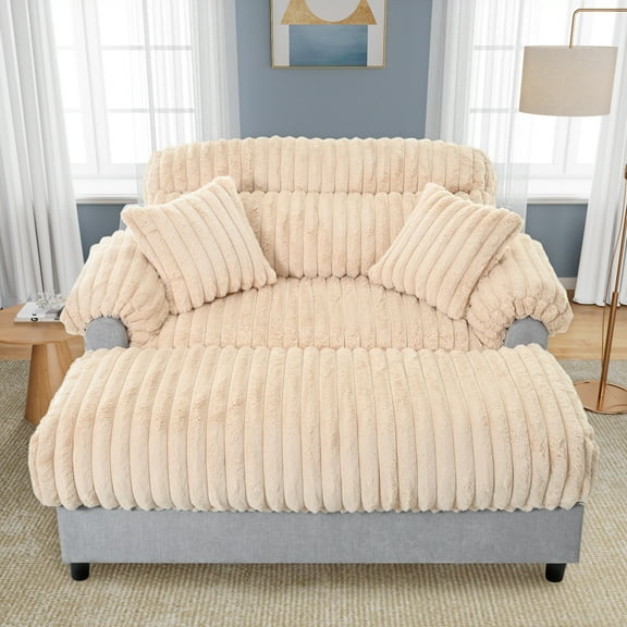 Harper & Bright Designs Modern Chaise Indoor Lounge, Cloud Sofa Bed Chair, Faux Rabbit Fur Fabric Lounge Chaise with Pillows for Living Room, Champagne