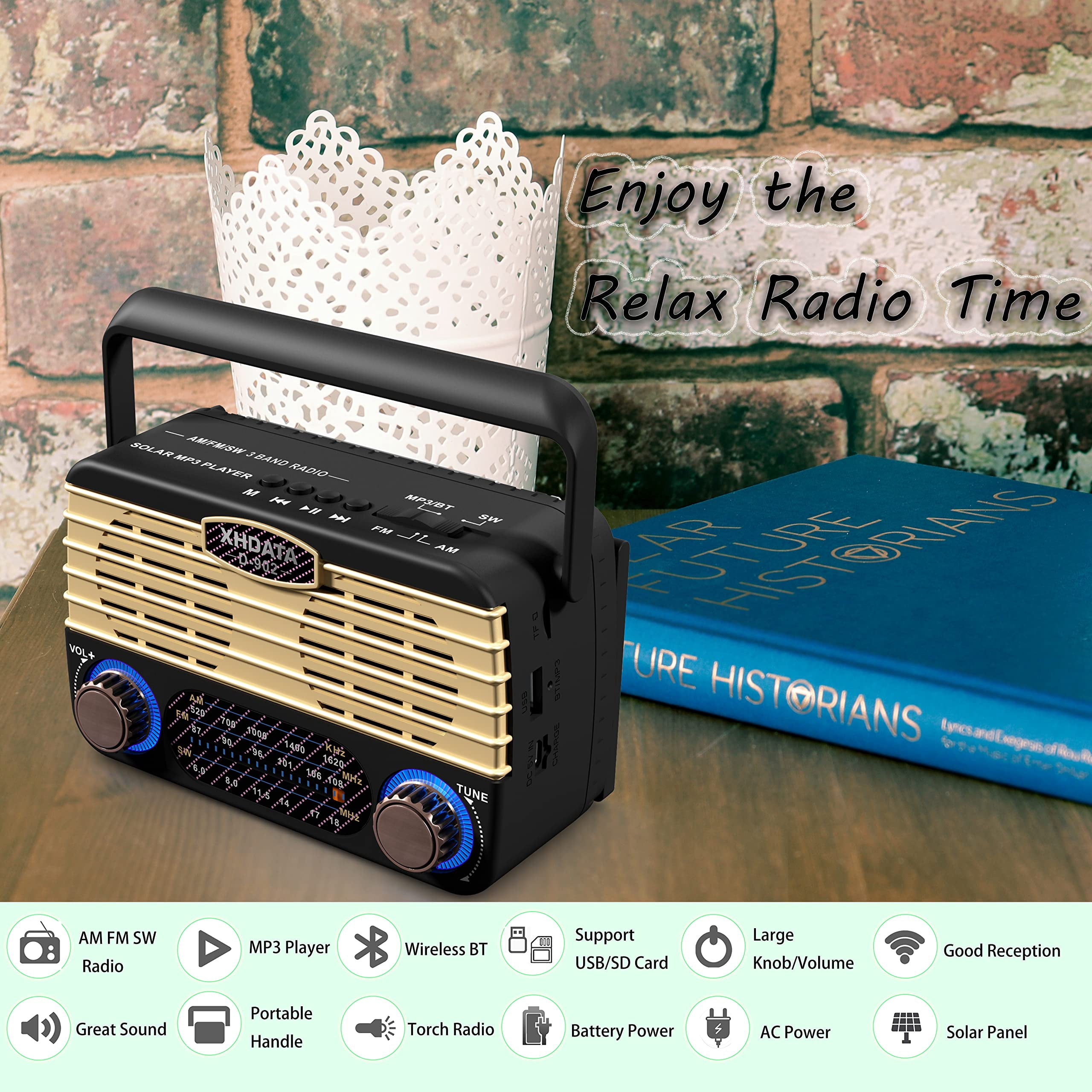 XHDATA D-902 Portable Shortwave Retro Radio, FM/AM/SW  Solar Wireless Bluetooth Vintage Radio, SD Card USB MP3 Player