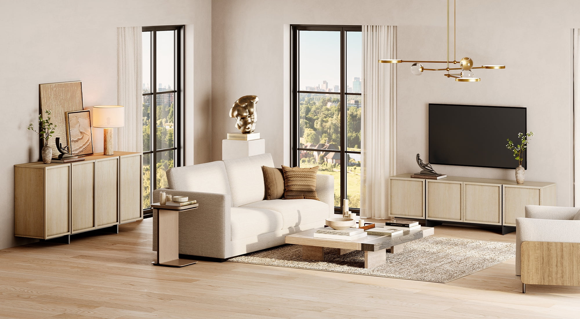 Modern 2-Piece Living Room Set, 70.9" TV Stand Entertainment Center & 63" Sideboard Buffet Cabinet, 4-Door Closed Storage with T-Shaped Legs, Coffee Bar Cabinet,Beige