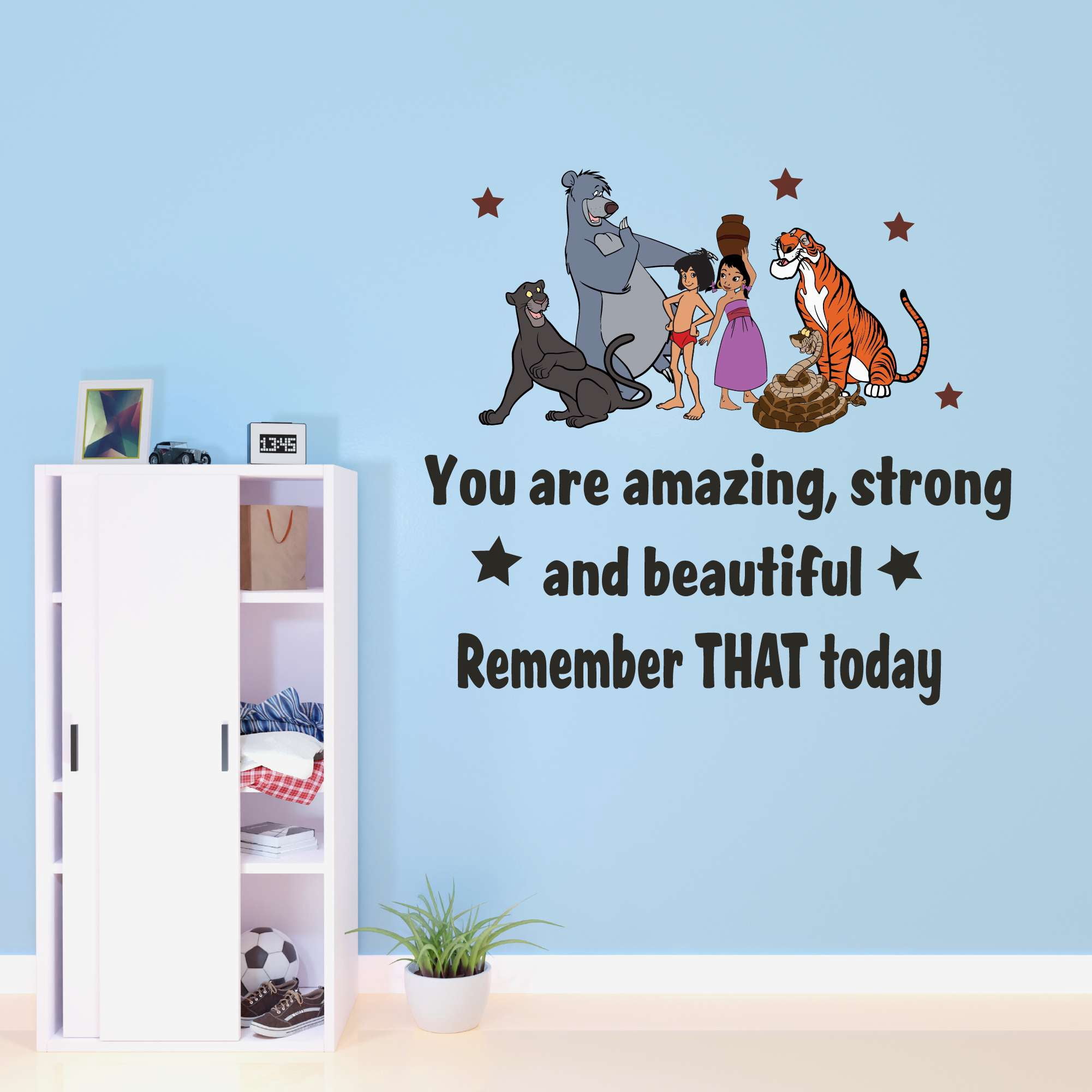 Cartoon Mowgli Baloo Bagheera Shere Khan Amazing Strong and Beautiful Adventurous Quote Book Characters Colorful Décor Lasts Stickers Decal Decals Cling - Size: 20 In(W) x 18 In(H)