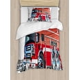 thumbnail image 1 of Cars Twin Size Duvet Cover Set, Big Fire Truck with Emergency Equipments Universal Safety Rescue Team Engine Cartoon, Decorative 2 Piece Bedding Set with 1 Pillow Sham, Red Silver, by Ambesonne, 1 of 3