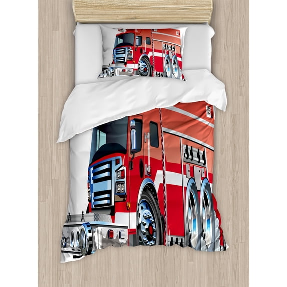 Cars Twin Size Duvet Cover Set, Big Fire Truck with Emergency Equipments Universal Safety Rescue Team Engine Cartoon, Decorative 2 Piece Bedding Set with 1 Pillow Sham, Red Silver, by Ambesonne