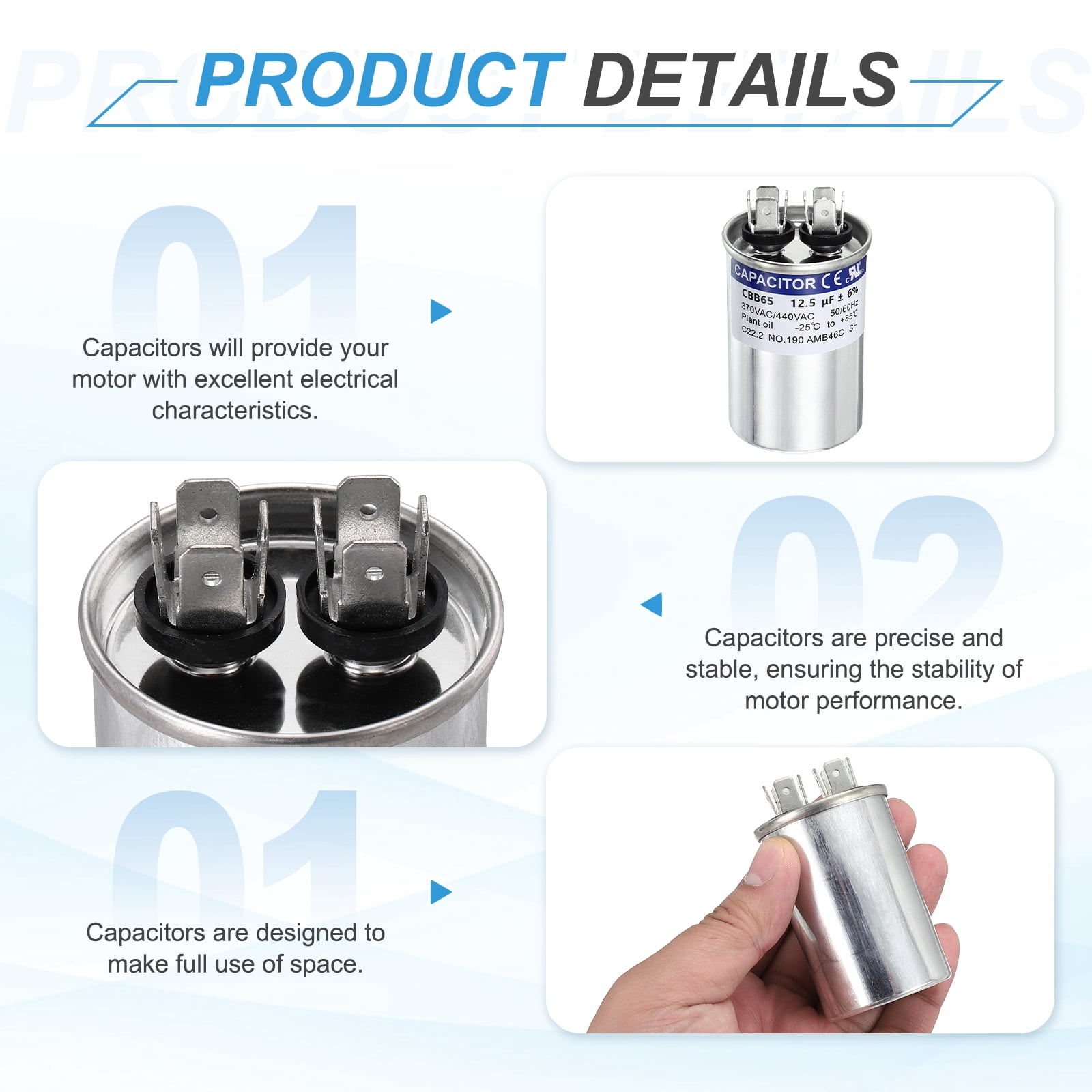 Uxcell 2Pcs 12.5MFD CBB65 Run Start Capacitor 12.5uF, 370/440V Round AC Capacitor for AC Motor Run, HVAC, Air Conditioner, Condenser Motors