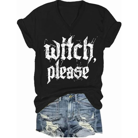 Women Halloween V Neck Shirt Halloween Witch Please T-Shirt Vintage Witches Short Sleeve Tee Tops