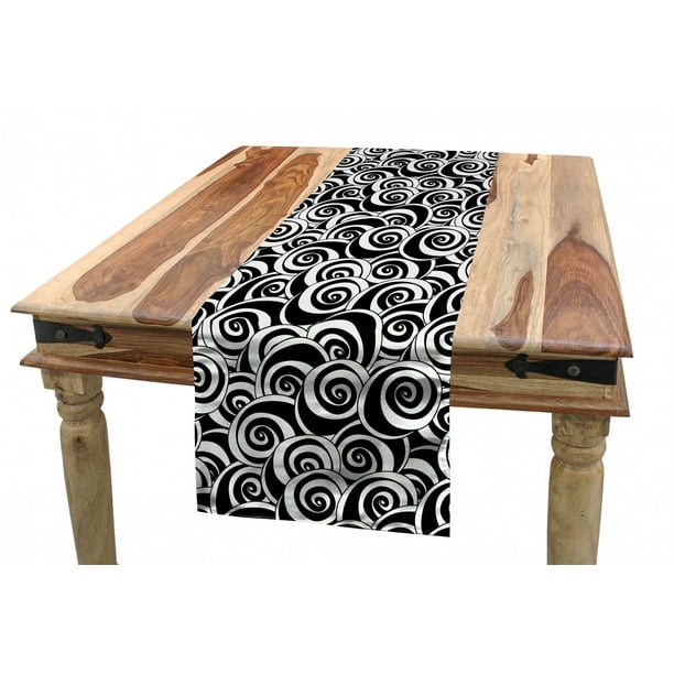 Geometric Table Runner, Black and White Monochrome Swirled Hypnotic